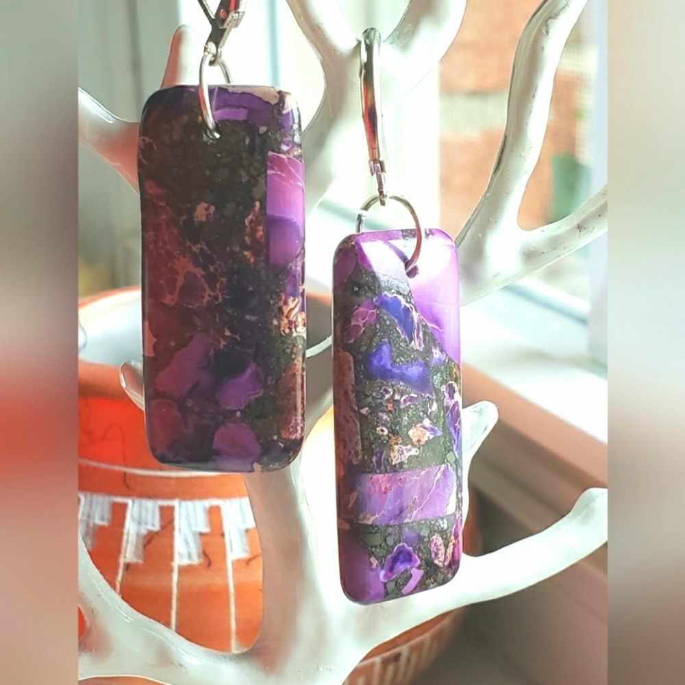 New, handmade gemstone earrings of purple sea sediment jasper.